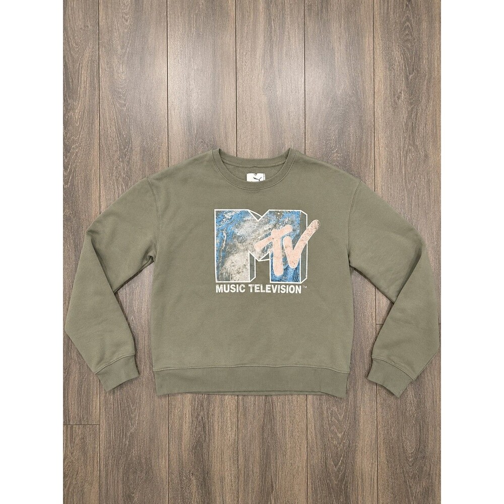 MTV Music Television Mens Medium Olive Green Crewneck Sweatshirt Graphic Logo